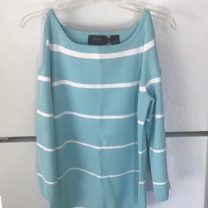Turquoise and white cold shoulder sweater